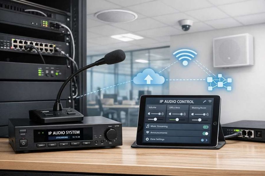 IP-based public address system with controller, microphone console and ceiling speakers