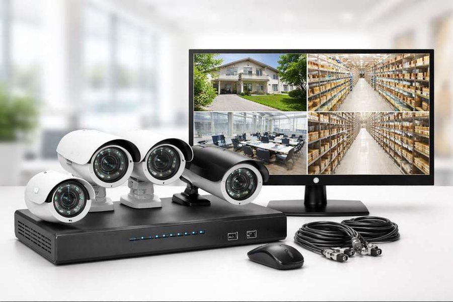 IP CCTV system with network video recorder, bullet and dome cameras and monitoring display