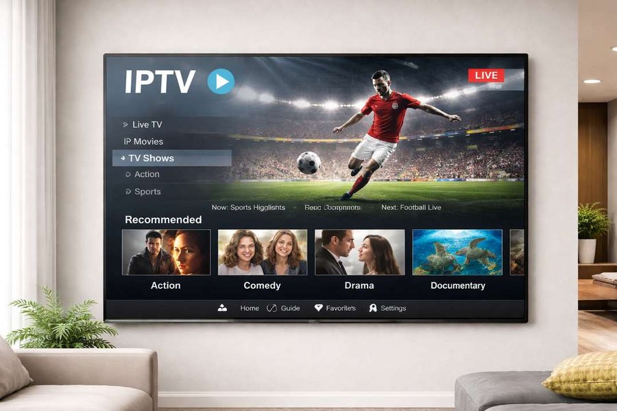 IPTV system delivering live television and information channels to a wall-mounted screen
